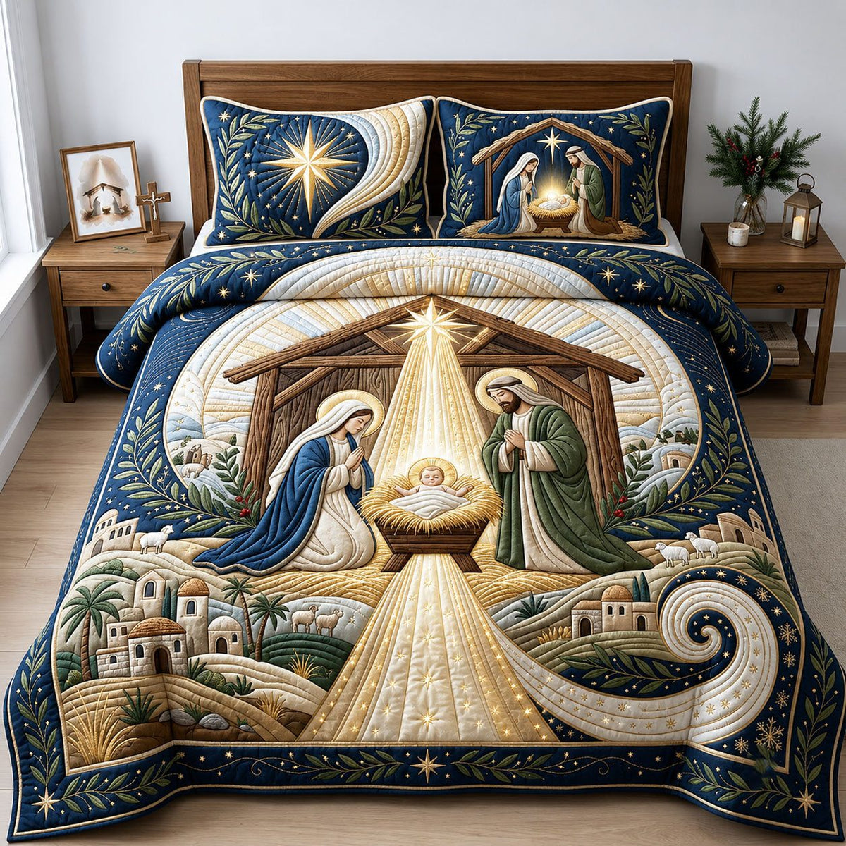 Christmas Nativity quilted 3-piece bedding set on a made bed in a winter-styled bedroom