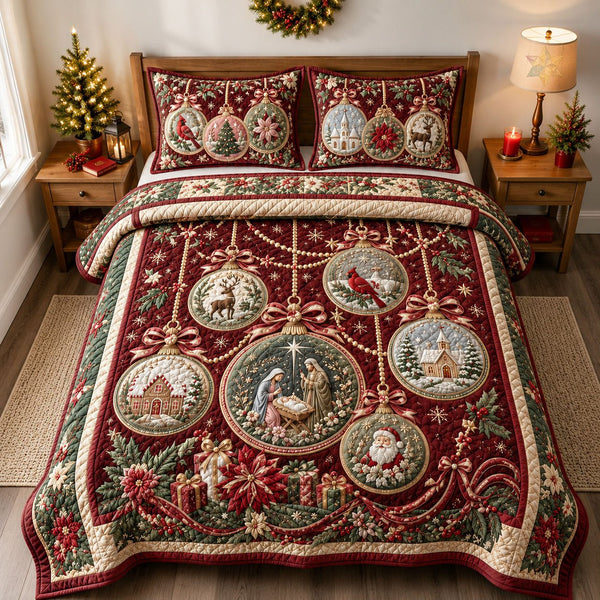 Christmas Ornament Story Collection quilted 3-piece bedding set on a made bed in a winter-styled bedroom