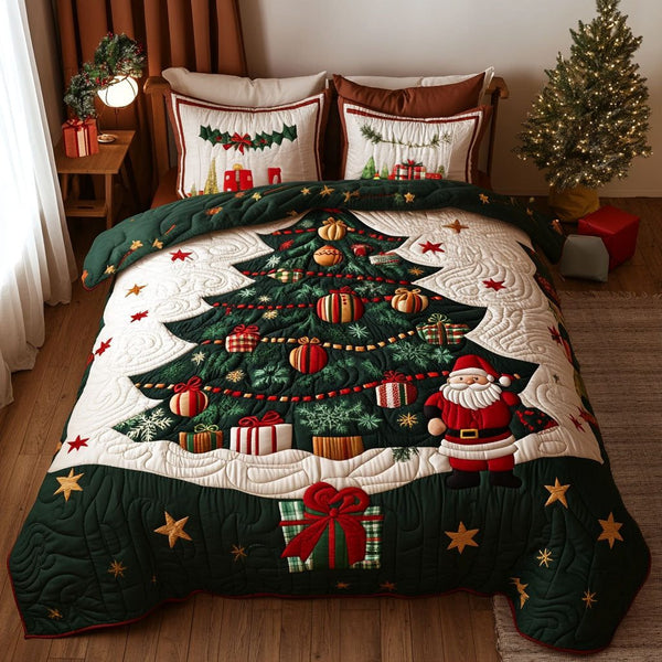 Christmas Parade quilted 3-piece bedding set on a made bed in a winter-styled bedroom