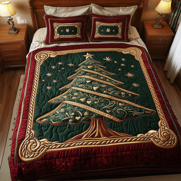 Christmas Pine Dreams quilted 3-piece bedding set on a made bed in a winter-styled bedroom