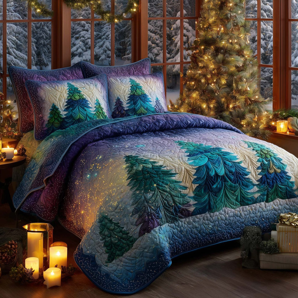 Christmas Pine Forest quilted 3-piece bedding set on a made bed in a winter-styled bedroom