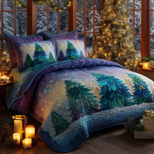 Christmas Pine Forest quilted 3-piece bedding set on a made bed in a winter-styled bedroom