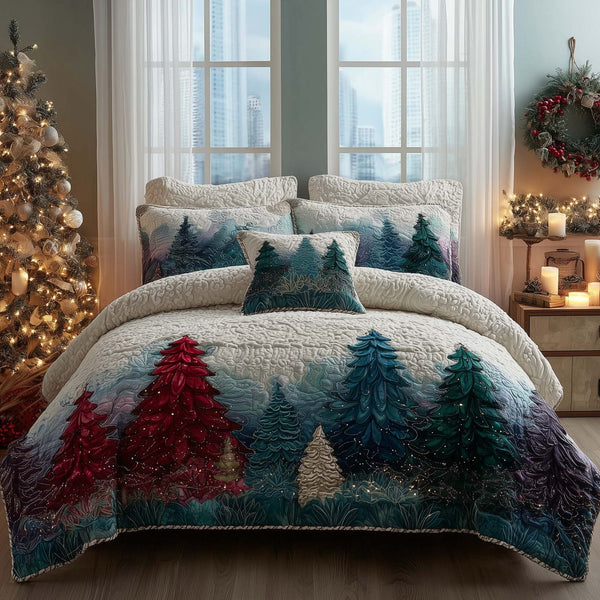 Christmas Pine Forest quilted 3-piece bedding set on a made bed in a winter-styled bedroom