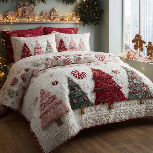 Christmas Pine Forest quilted 3-piece bedding set on a made bed in a winter-styled bedroom