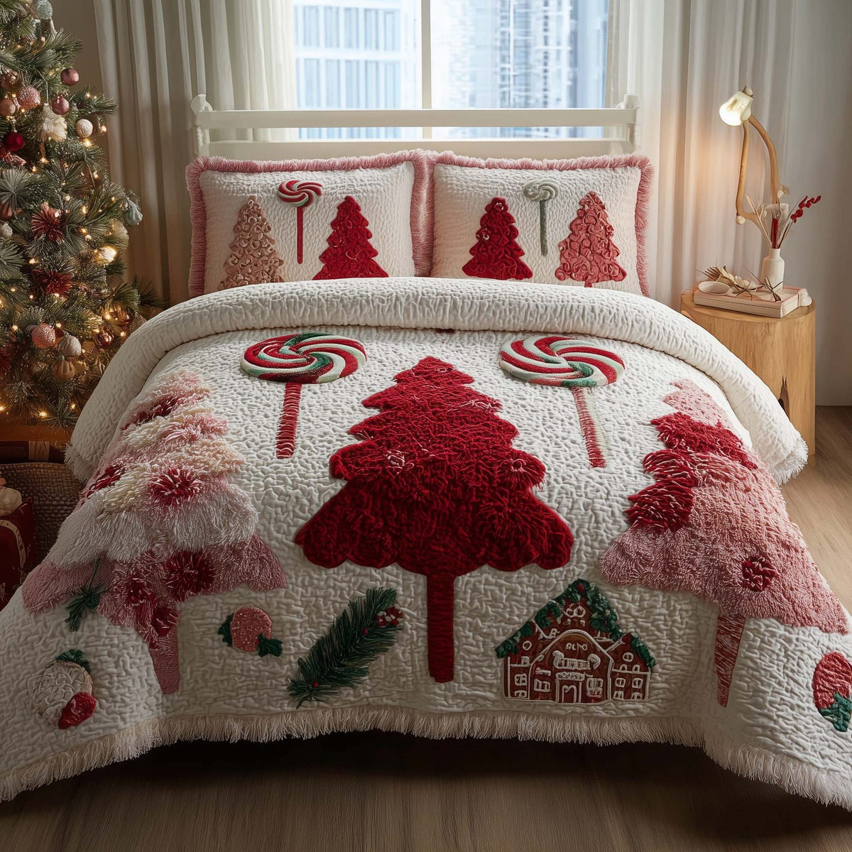 Christmas Pine Forest quilted 3-piece bedding set on a made bed in a winter-styled bedroom
