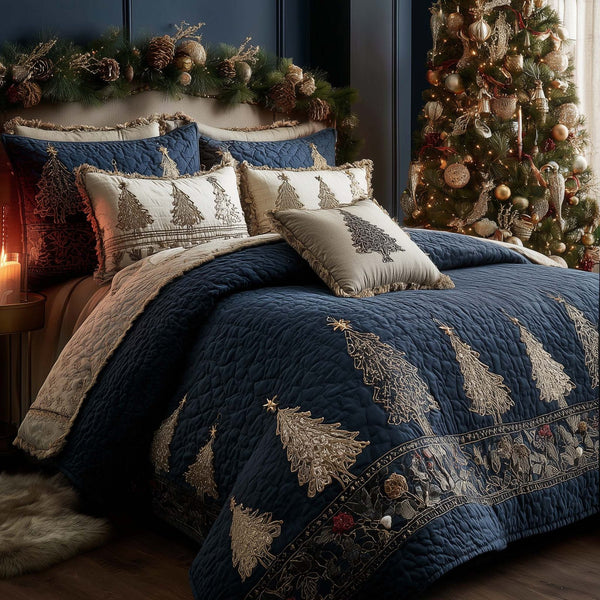 Christmas Pine Forest quilted 3-piece bedding set on a made bed in a winter-styled bedroom