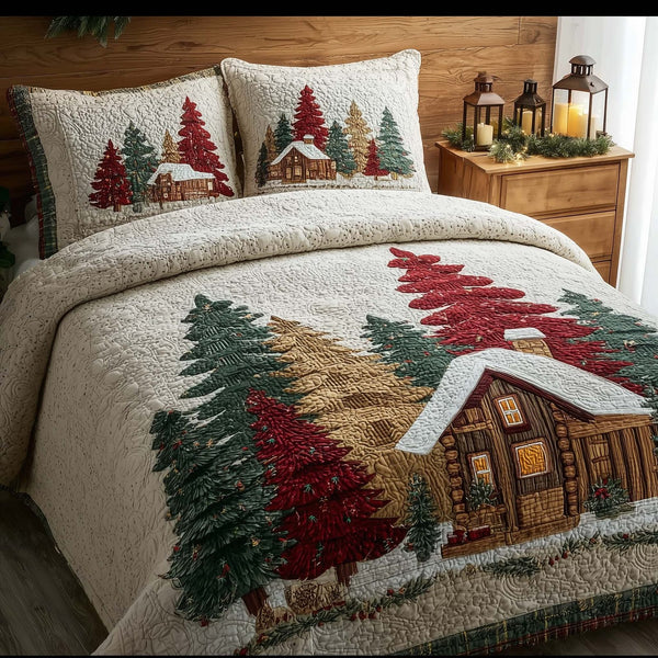Christmas Pine Forest quilted 3-piece bedding set on a made bed in a winter-styled bedroom