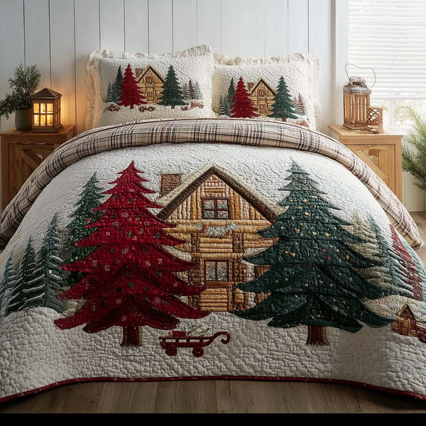 Christmas Pine Forest quilted 3-piece bedding set on a made bed in a winter-styled bedroom