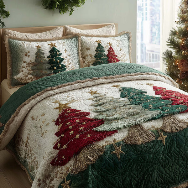 Christmas Pine Forest quilted 3-piece bedding set on a made bed in a winter-styled bedroom