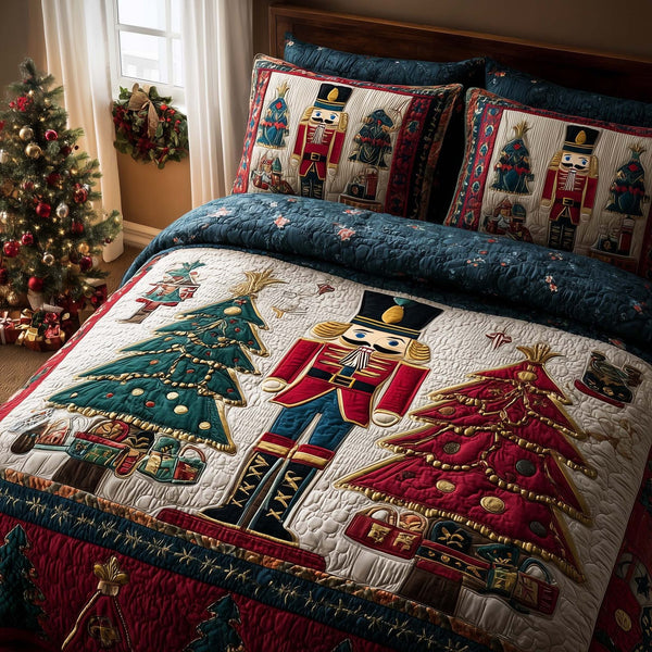 Christmas Pine Forest quilted 3-piece bedding set on a made bed in a winter-styled bedroom