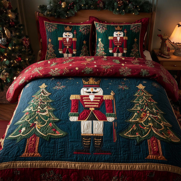Christmas Pine Forest quilted 3-piece bedding set on a made bed in a winter-styled bedroom