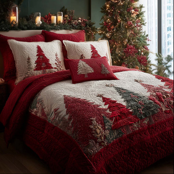 Christmas Pine Forest quilted 3-piece bedding set on a made bed in a winter-styled bedroom