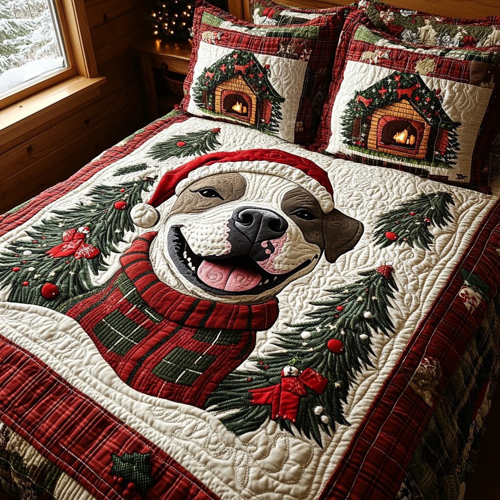Christmas Pit quilted 3-piece bedding set on a made bed in a winter-styled bedroom