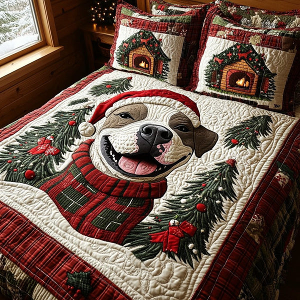 Christmas Pit quilted 3-piece bedding set on a made bed in a winter-styled bedroom