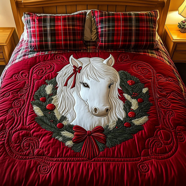Christmas Pony quilted 3-piece bedding set on a made bed in a winter-styled bedroom