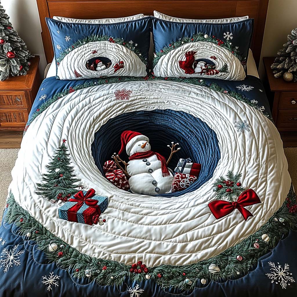 Christmas Portal quilted 3-piece bedding set on a made bed in a winter-styled bedroom