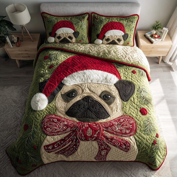 Christmas Pug Cheer quilted 3-piece bedding set on a made bed in a winter-styled bedroom