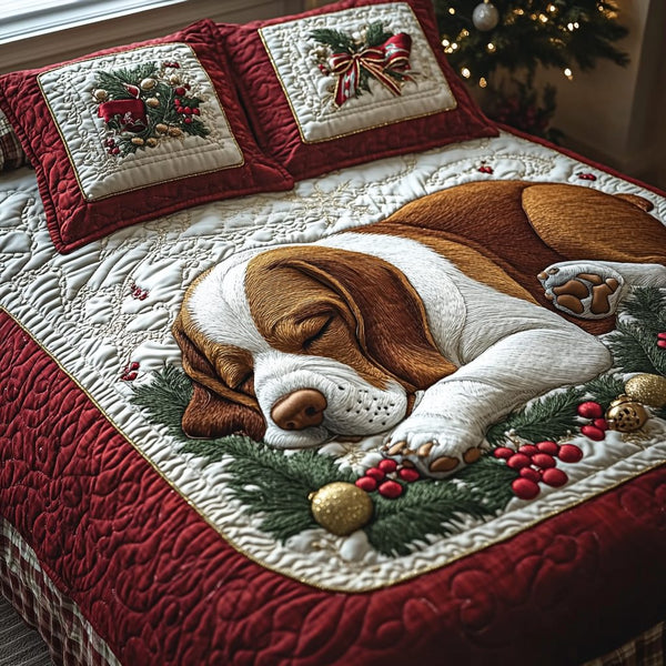 Christmas Pup Dreams quilted 3-piece bedding set on a made bed in a winter-styled bedroom
