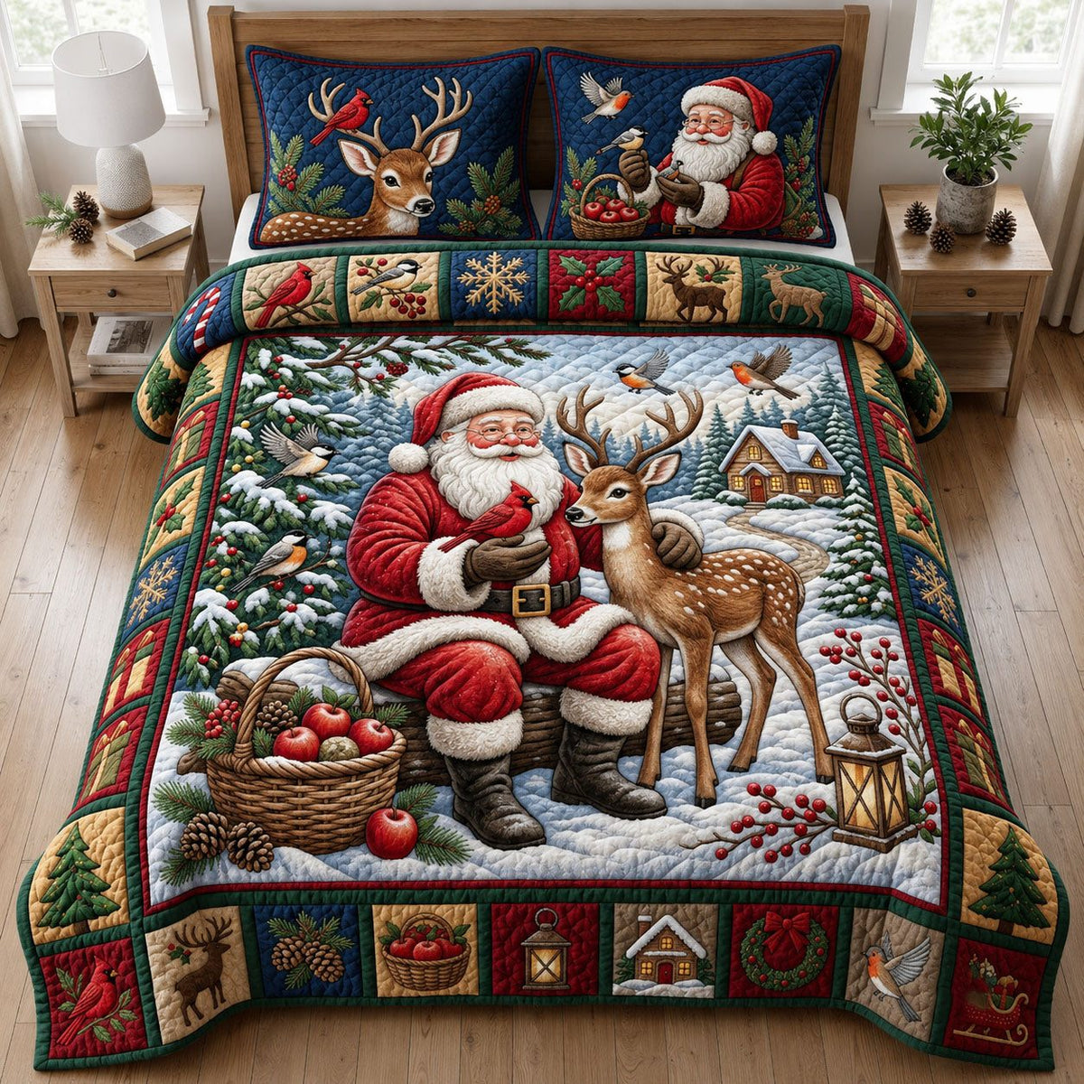 Christmas quilted 3-piece bedding set on a made bed in a winter-styled bedroom