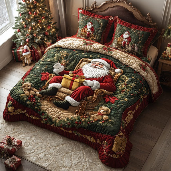 Christmas quilted 3-piece bedding set on a made bed in a winter-styled bedroom