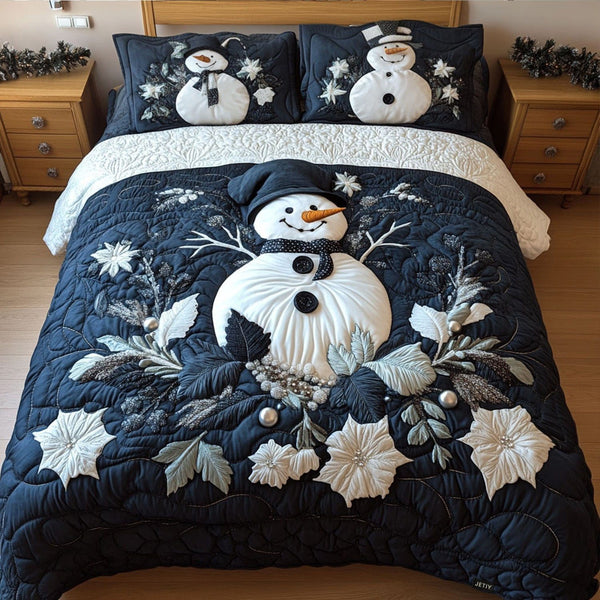Christmas quilted 3-piece bedding set on a made bed in a winter-styled bedroom