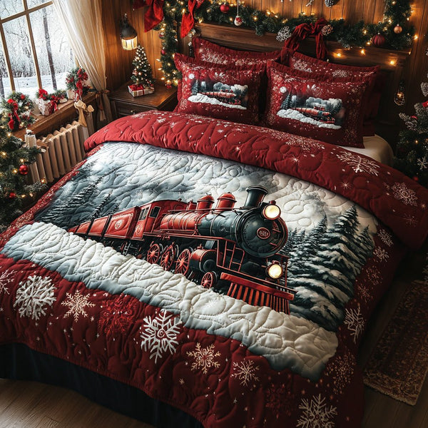 Christmas Railways quilted 3-piece bedding set on a made bed in a winter-styled bedroom
