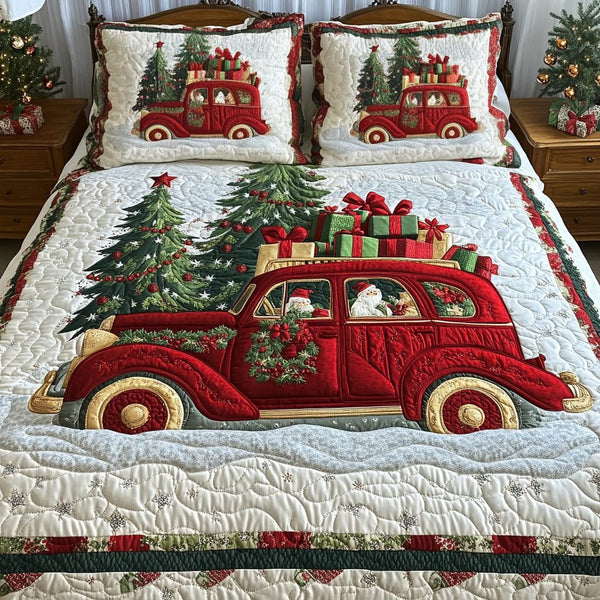 Christmas Roadtrip quilted 3-piece bedding set on a made bed in a winter-styled bedroom