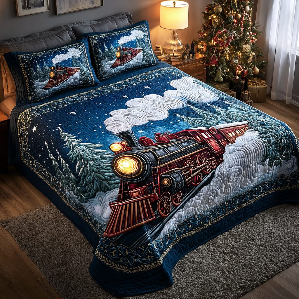 Christmas Route quilted 3-piece bedding set on a made bed in a winter-styled bedroom