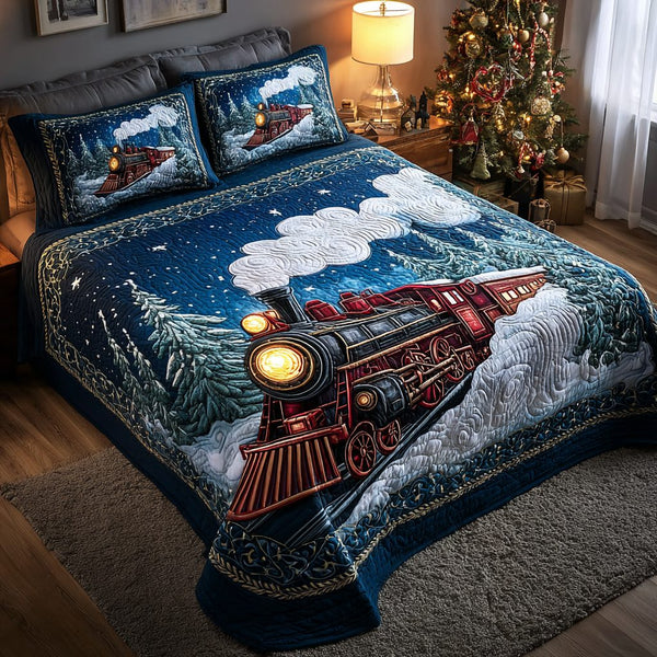 Christmas Route quilted 3-piece bedding set on a made bed in a winter-styled bedroom