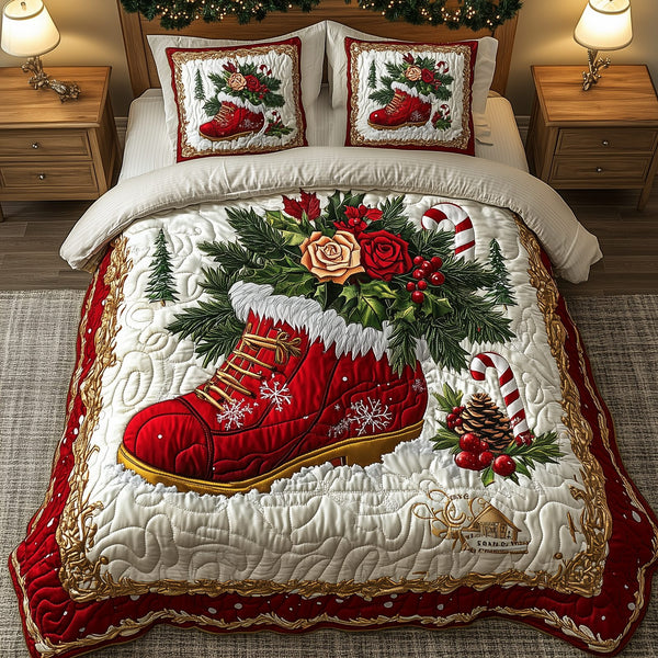 Christmas Santa Boots quilted 3-piece bedding set on a made bed in a winter-styled bedroom