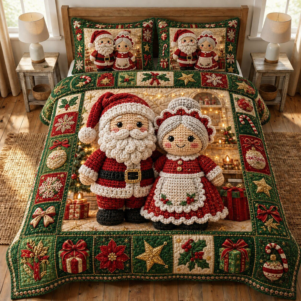 Christmas Santa quilted 3-piece bedding set on a made bed in a winter-styled bedroom
