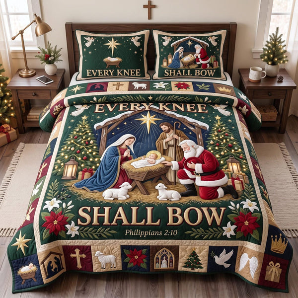 Christmas Shall Bow quilted 3-piece bedding set on a made bed in a winter-styled bedroom