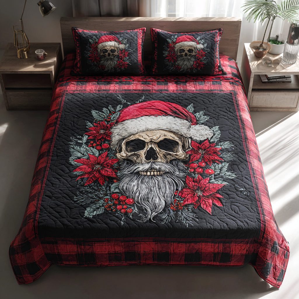 Christmas Skull Noel quilted 3-piece bedding set on a made bed in a winter-styled bedroom