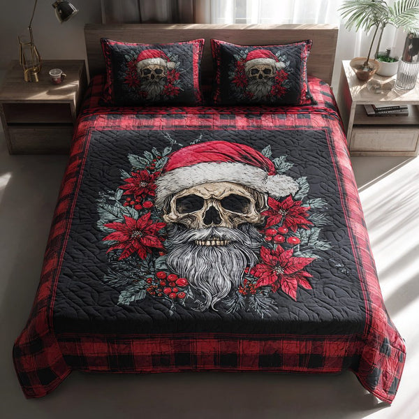 Christmas Skull Noel quilted 3-piece bedding set on a made bed in a winter-styled bedroom