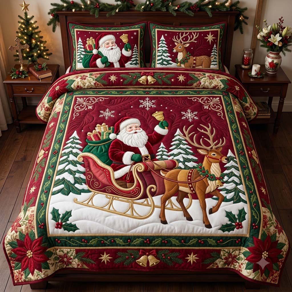 Christmas Sleigh of Santa Claus quilted 3-piece bedding set on a made bed in a winter-styled bedroom
