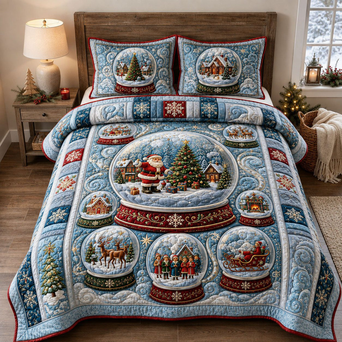 Christmas Snow Globe Collection quilted 3-piece bedding set on a made bed in a winter-styled bedroom