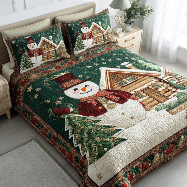 Christmas Snow Meadow quilted 3-piece bedding set on a made bed in a winter-styled bedroom