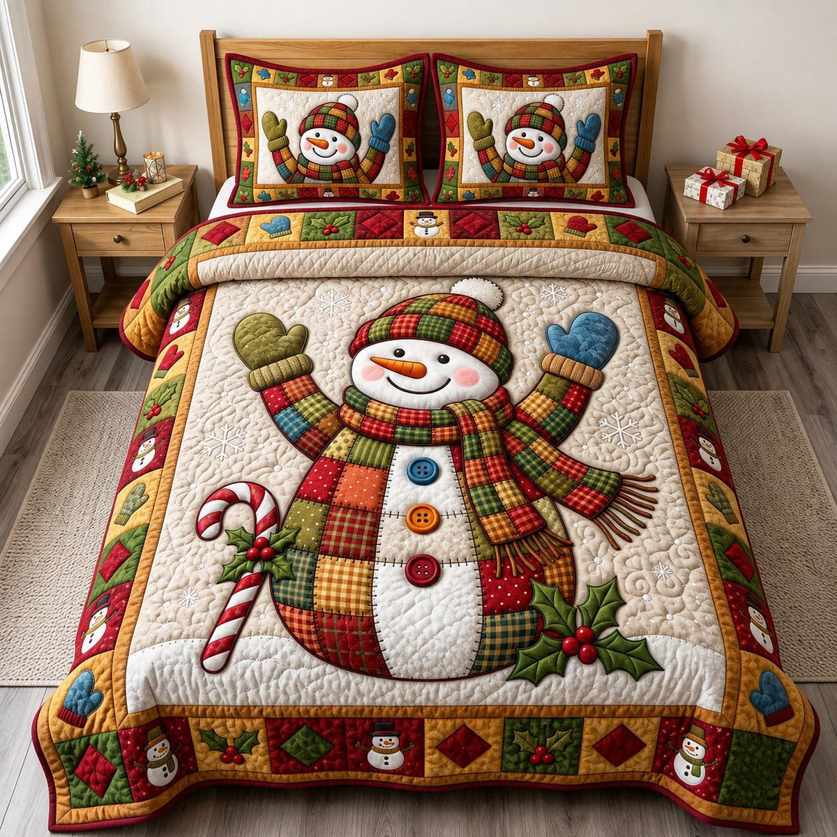 Christmas Snowman quilted 3-piece bedding set on a made bed in a winter-styled bedroom