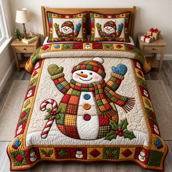 Christmas Snowman quilted 3-piece bedding set on a made bed in a winter-styled bedroom