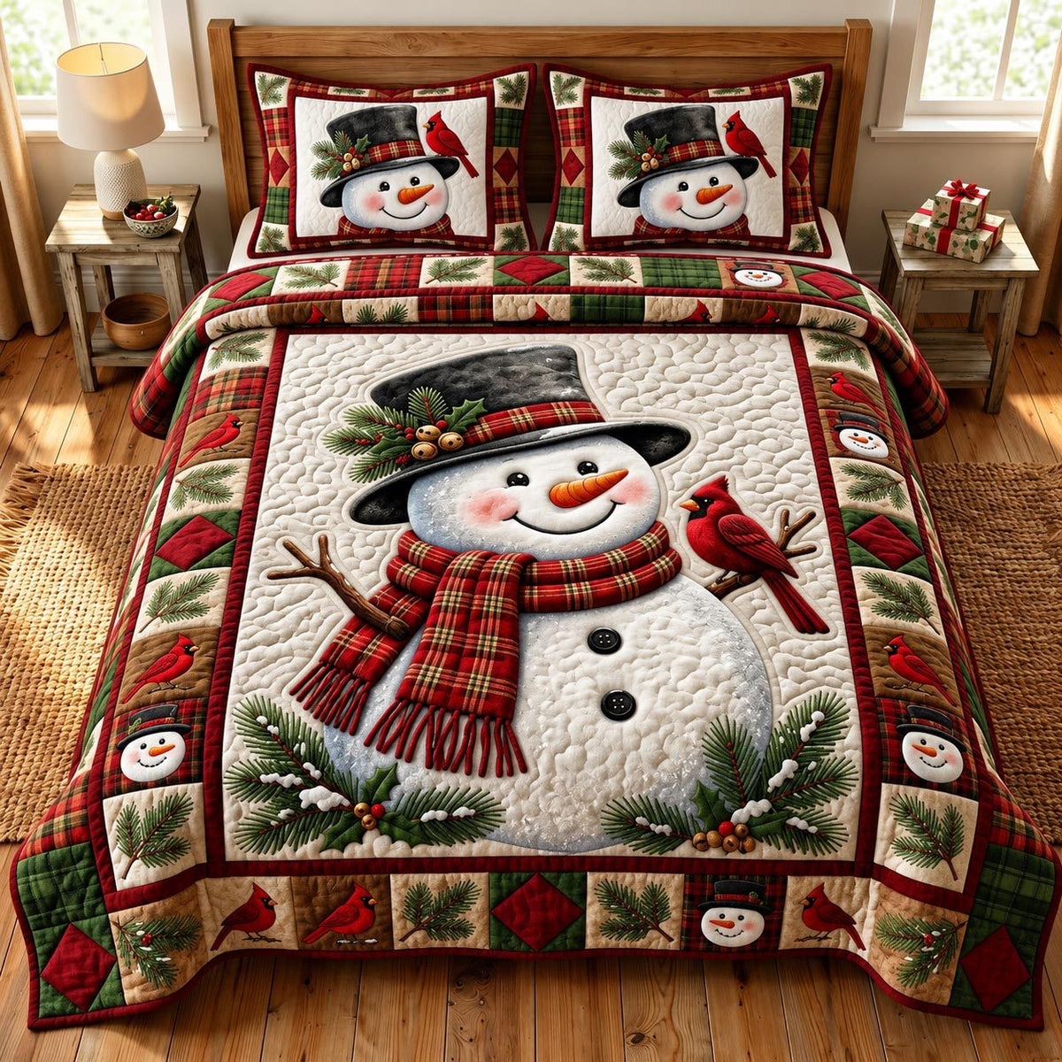 Christmas Snowman quilted 3-piece bedding set on a made bed in a winter-styled bedroom