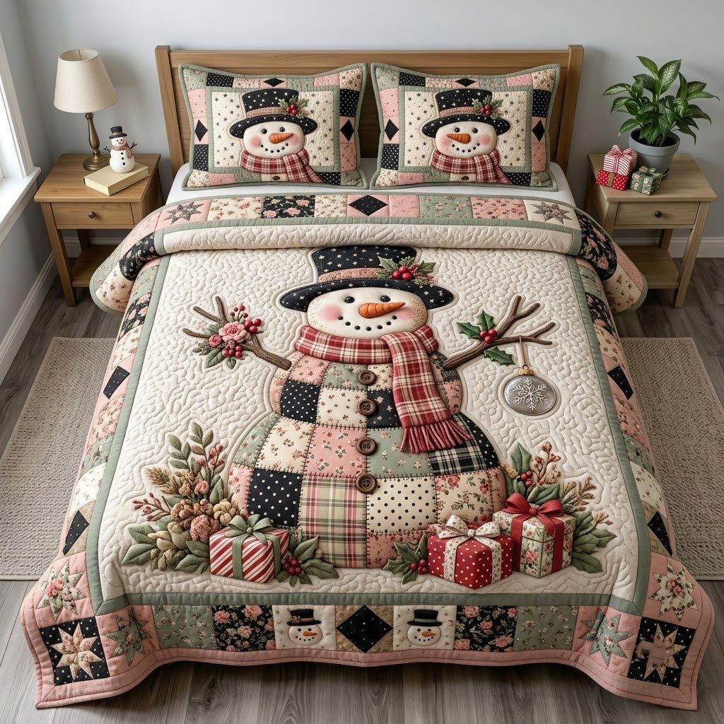 Christmas Snowman quilted 3-piece bedding set on a made bed in a winter-styled bedroom