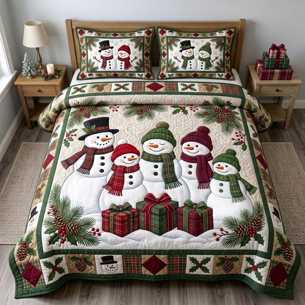 Christmas Snowman quilted 3-piece bedding set on a made bed in a winter-styled bedroom