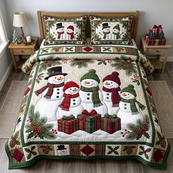 Christmas Snowman quilted 3-piece bedding set on a made bed in a winter-styled bedroom
