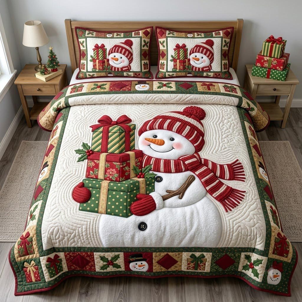 Christmas Snowman quilted 3-piece bedding set on a made bed in a winter-styled bedroom