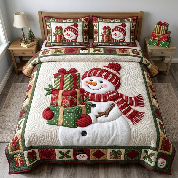 Christmas Snowman quilted 3-piece bedding set on a made bed in a winter-styled bedroom