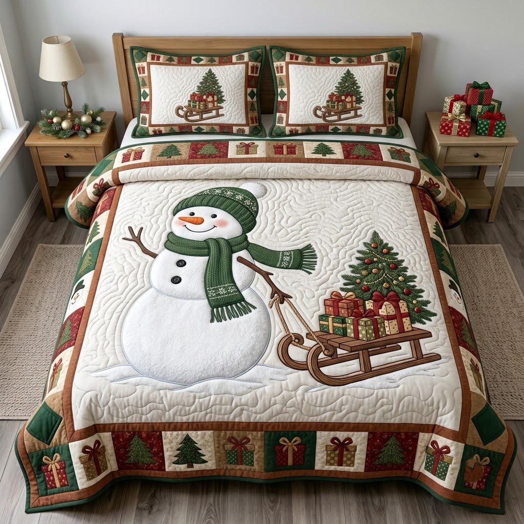Christmas Snowman quilted 3-piece bedding set on a made bed in a winter-styled bedroom
