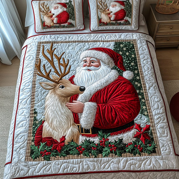 Christmas Spirit quilted 3-piece bedding set on a made bed in a winter-styled bedroom