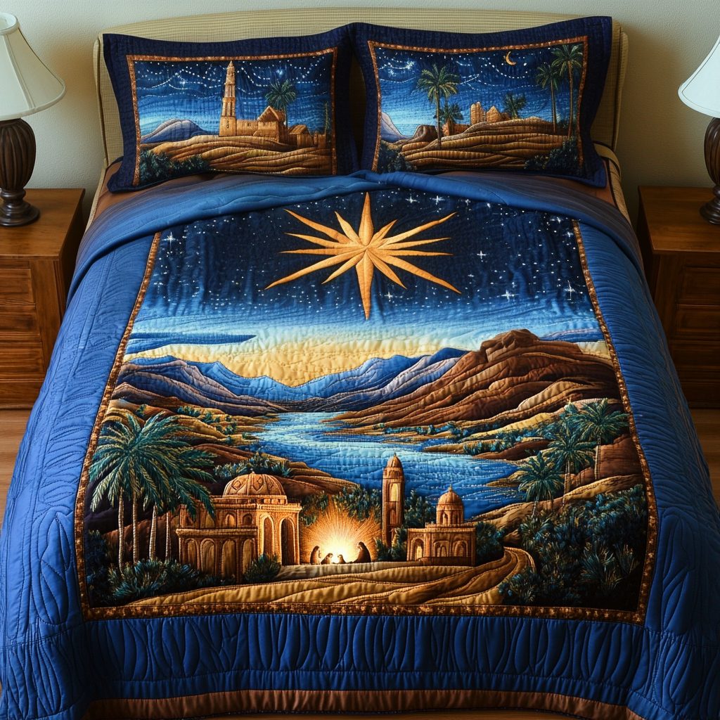 Christmas Star quilted 3-piece bedding set on a made bed in a winter-styled bedroom