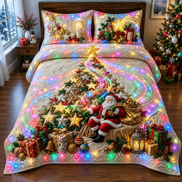 Christmas Star Tree quilted 3-piece bedding set on a made bed in a winter-styled bedroom