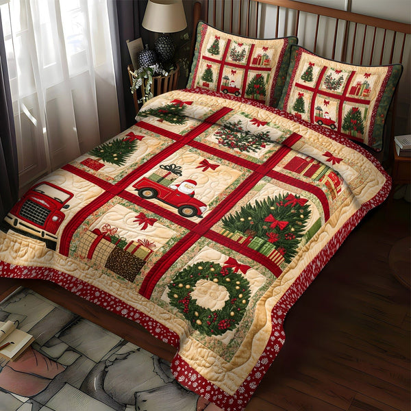Christmas Toy Dreams quilted 3-piece bedding set on a made bed in a winter-styled bedroom